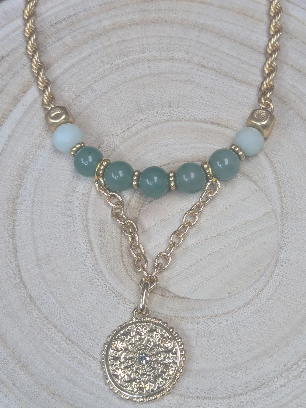 Green Aventurine Amazonite Medallion Necklace Adjustable Gemstone Necklace Gold